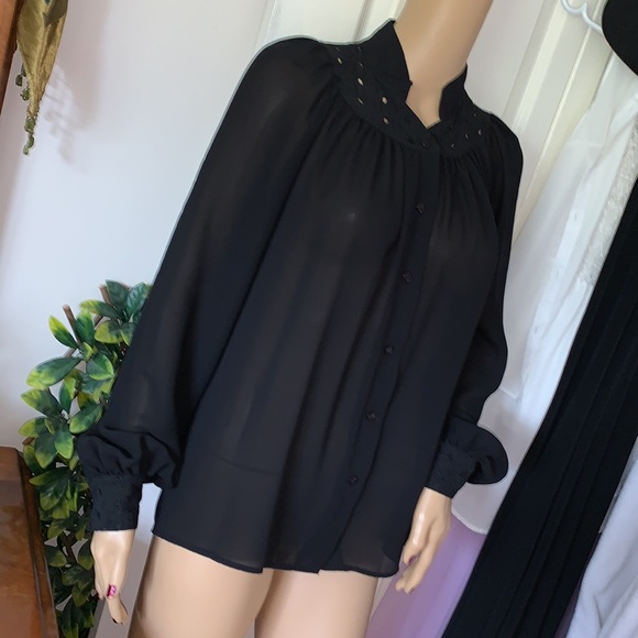 Vtg black mandarin collar eyelet trim France button down Secretary blouse M - Picture 10 of 15